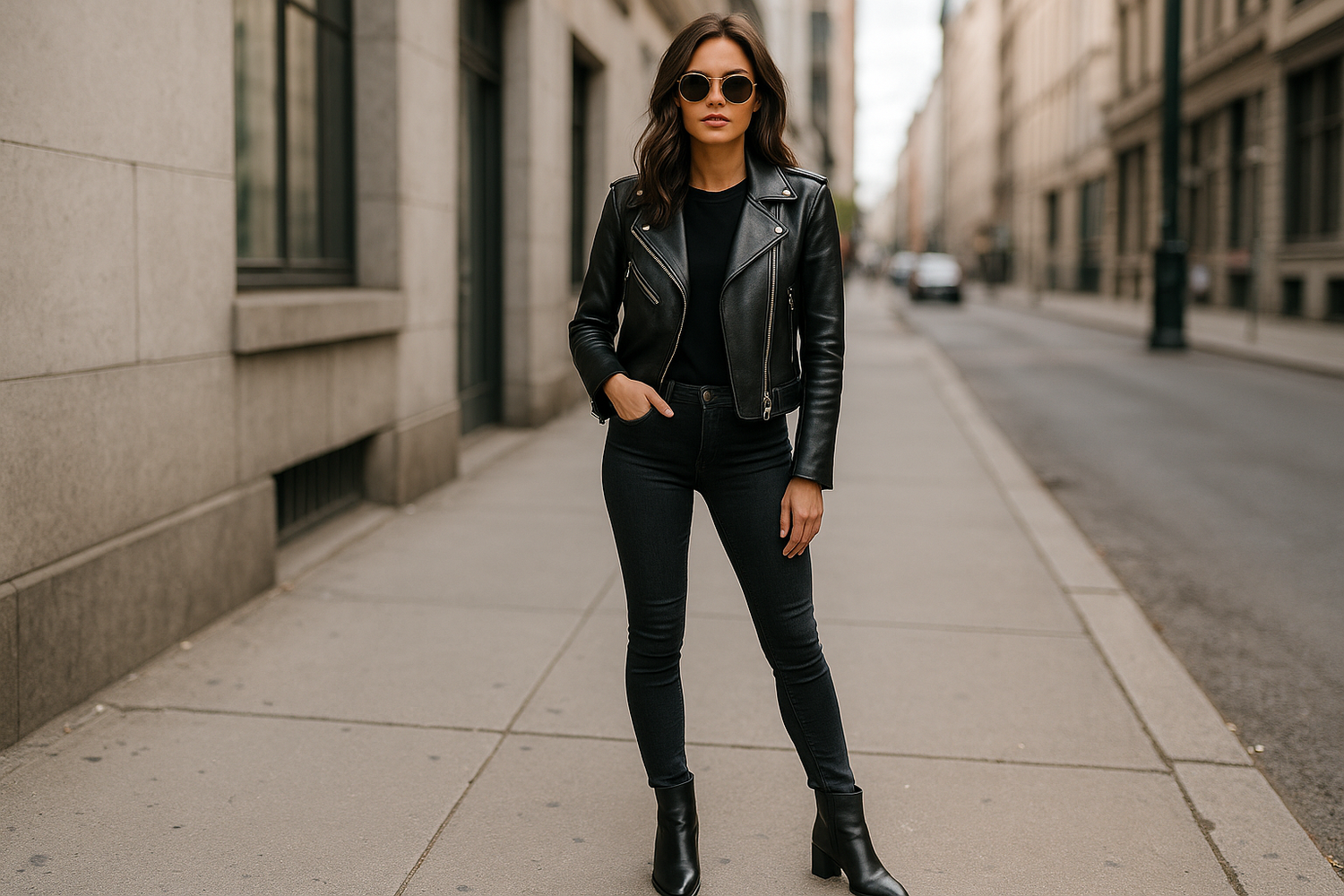 Stylish woman wearing a leather jacket with skinny jeans and ankle boots