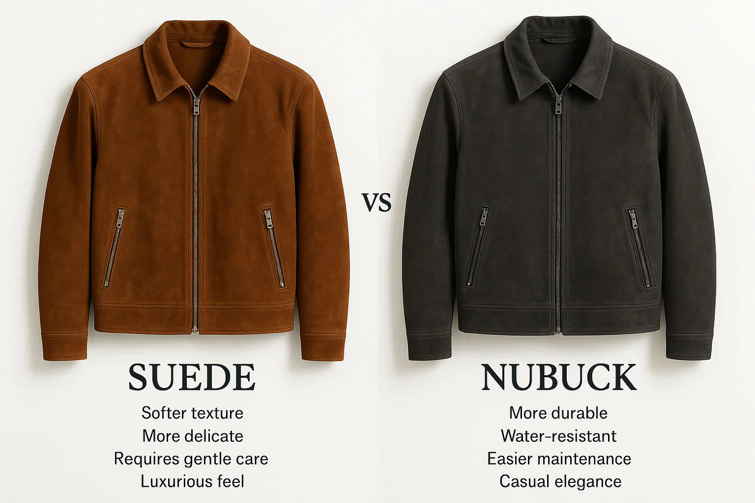 Side-by-side comparison of a suede jacket and a nubuck jacket highlighting their texture differences.