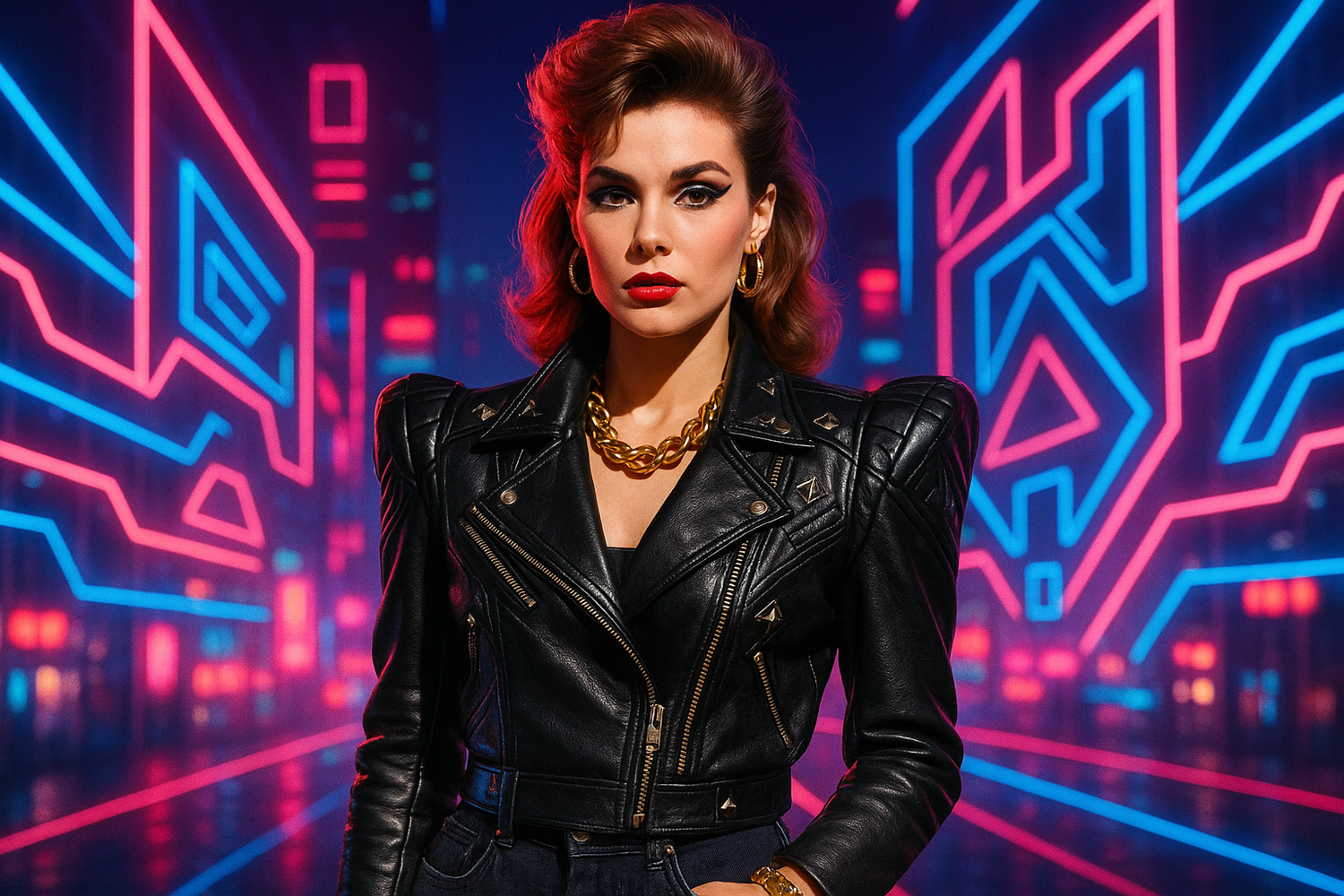 Black leather power jacket in 80s-inspired streetwear look. Retro 80s leather jacket with high-waisted jeans.
