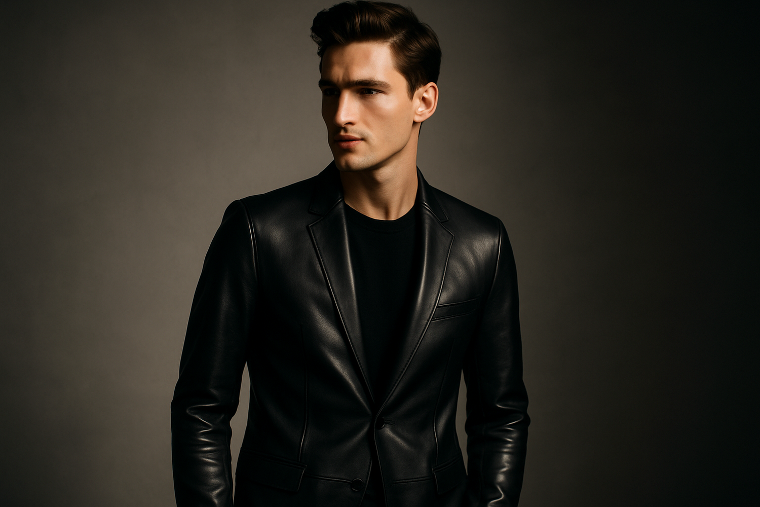 A slim-lapelled black leather jacket displayed on a mannequin, highlighting its sleek and minimalist design.