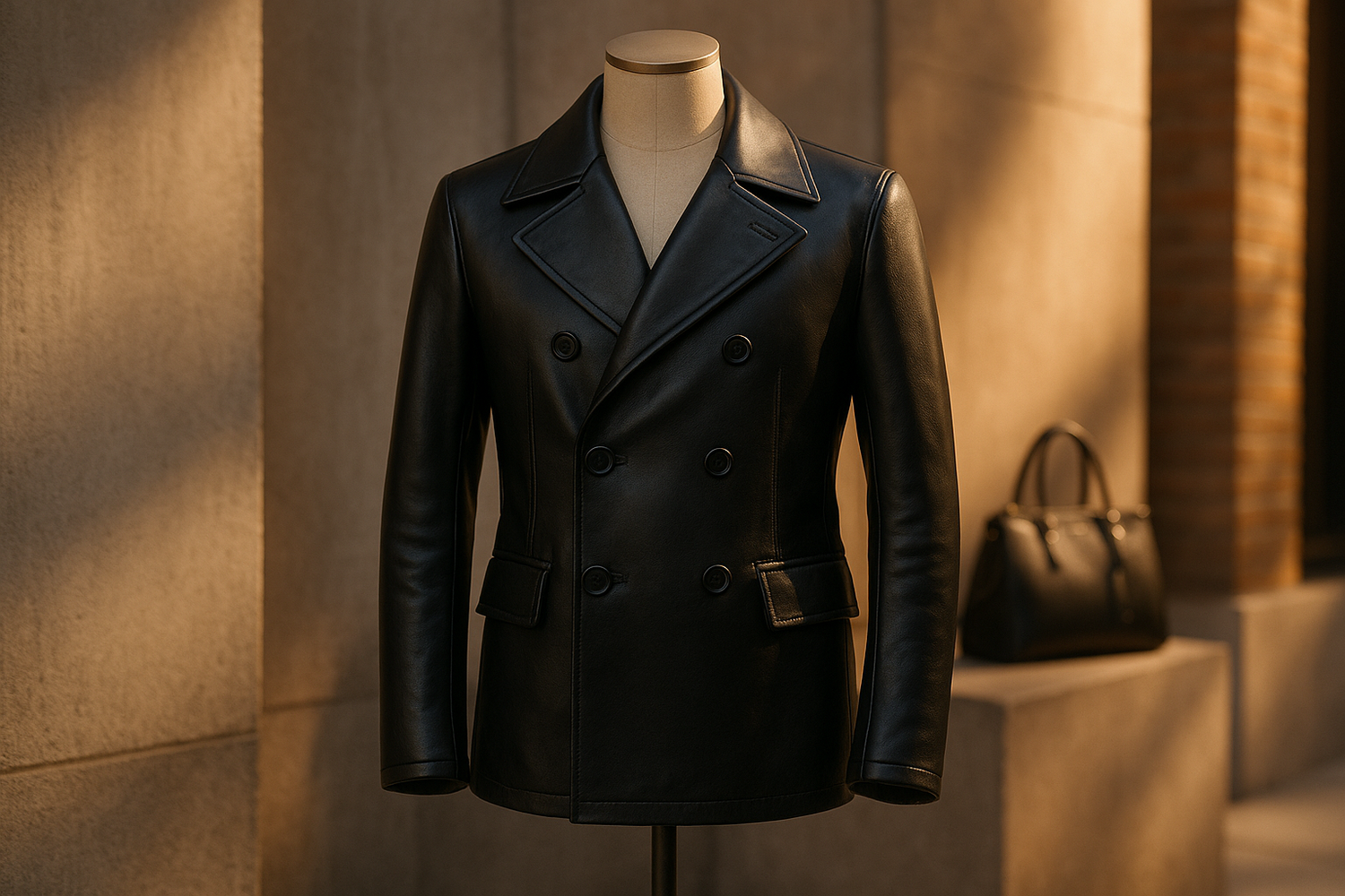 Woman styling a peacoat leather jacket with boots and jeans.