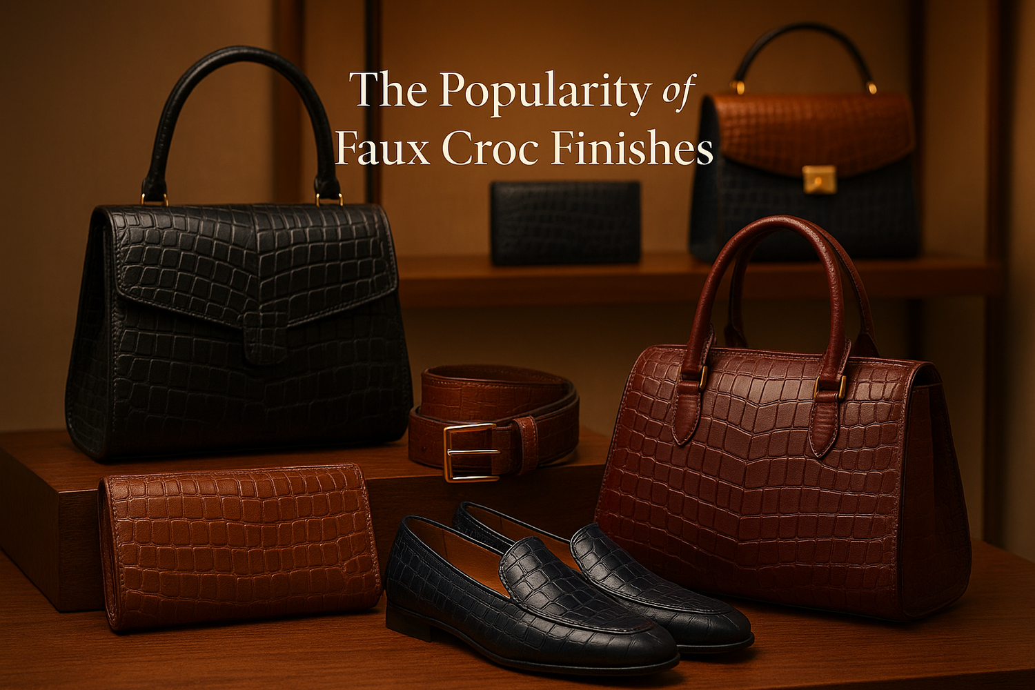 A faux croc leather jacket in black with embossed crocodile texture, styled for a modern luxury look.