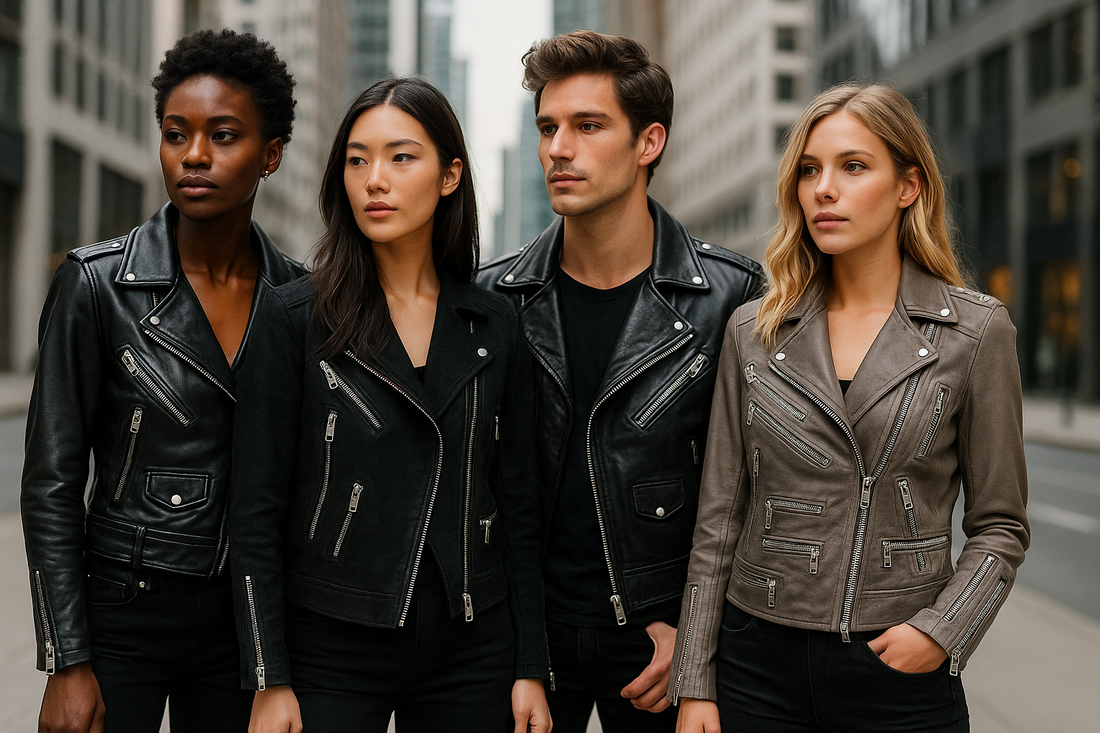 A zipper-heavy leather jacket with multiple metallic zippers on the front, sleeves, and pockets, styled for modern streetwear fashion.