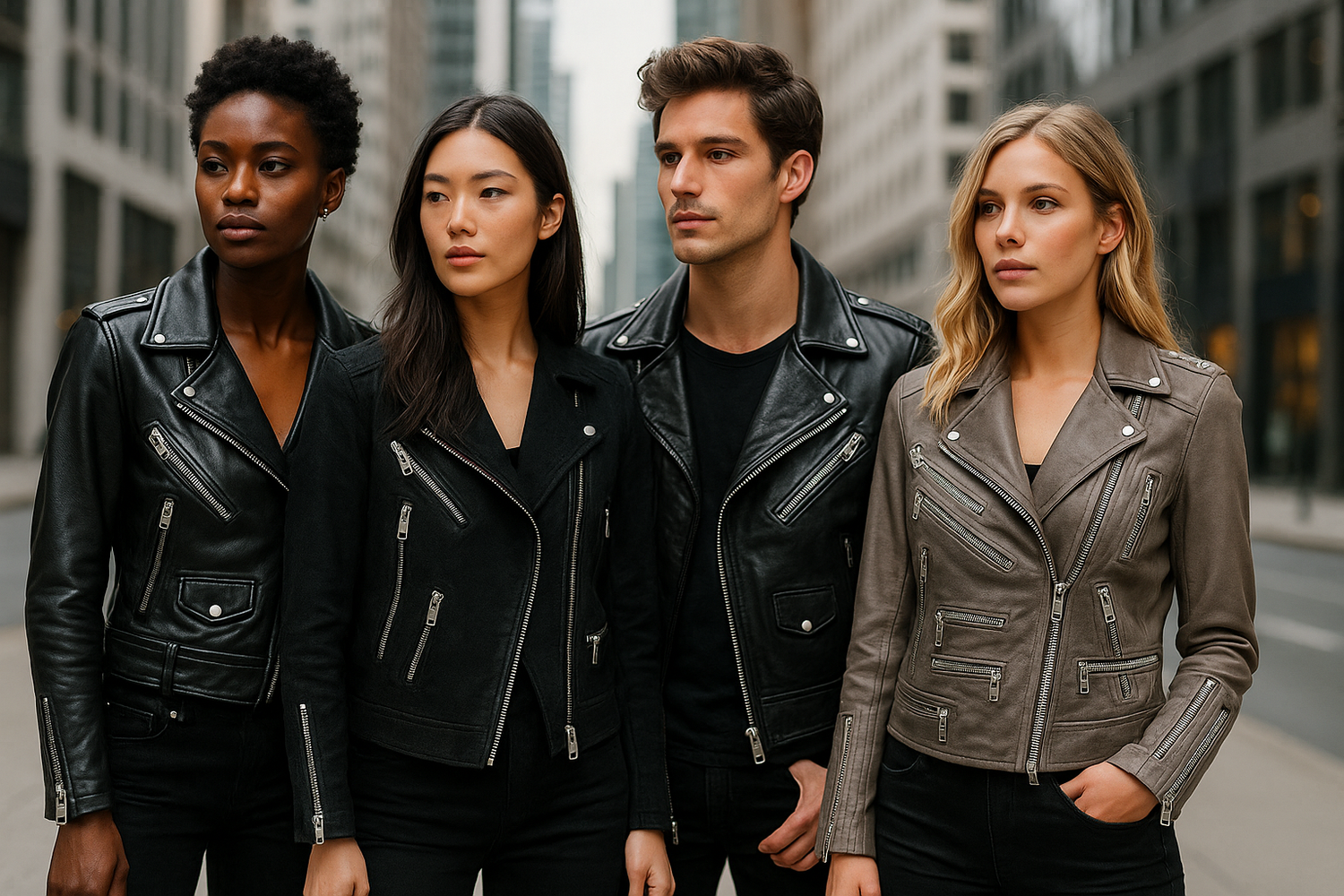A zipper-heavy leather jacket with multiple metallic zippers on the front, sleeves, and pockets, styled for modern streetwear fashion.