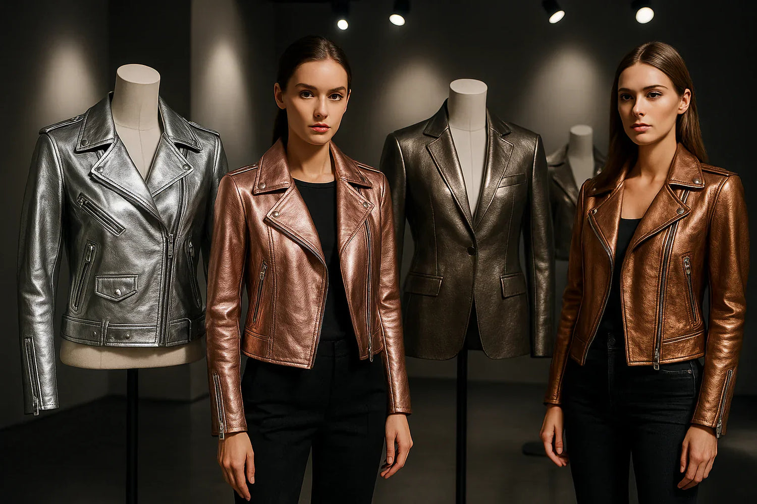 A stylish woman wearing a silver metallic leather jacket paired with black jeans and heels, showcasing the bold fashion trend.