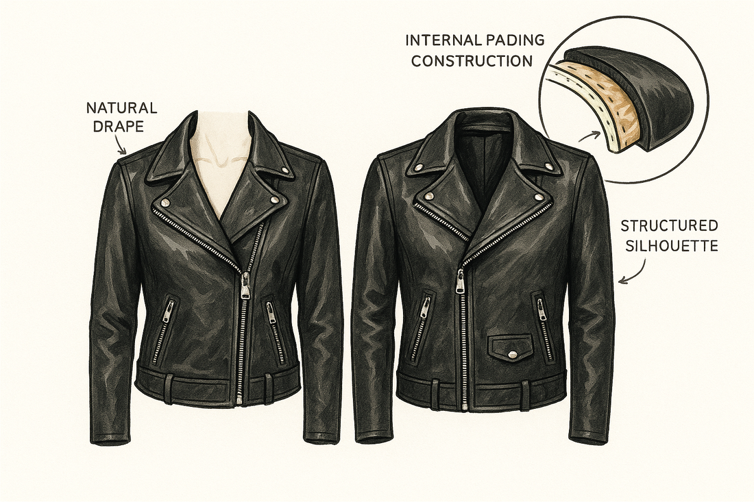 A black leather jacket with structured shoulder pads, showcasing a bold and powerful silhouette.