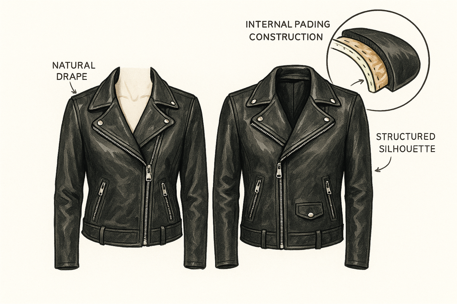 A black leather jacket with structured shoulder pads, showcasing a bold and powerful silhouette.