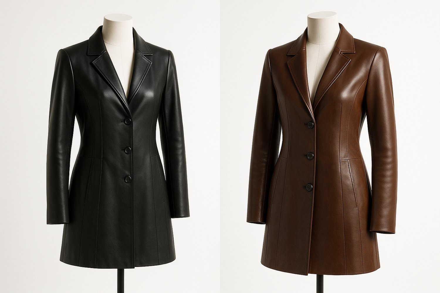 A tunic-length leather jacket styled with slim pants, showing its elongated silhouette and modern appeal.