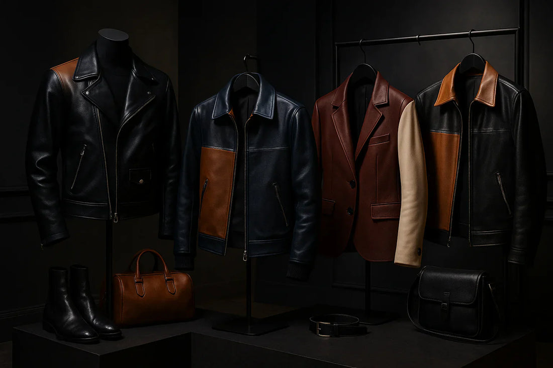 A two-tone leather jacket in black and white displayed on a mannequin.