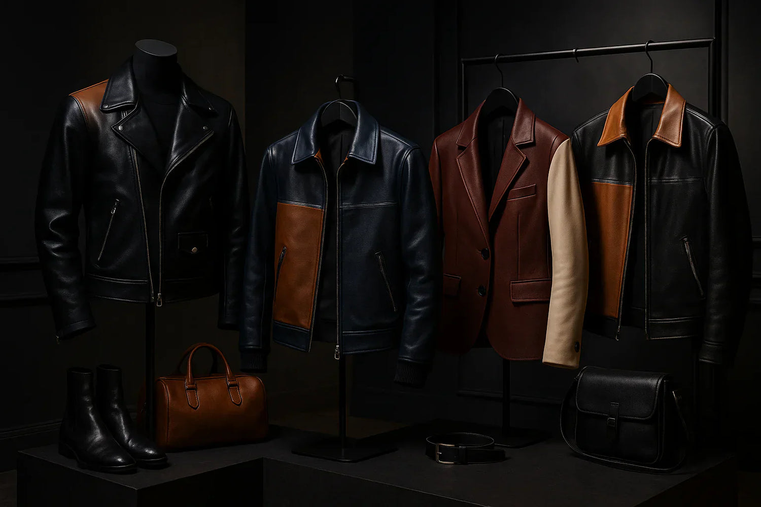 A two-tone leather jacket in black and white displayed on a mannequin.