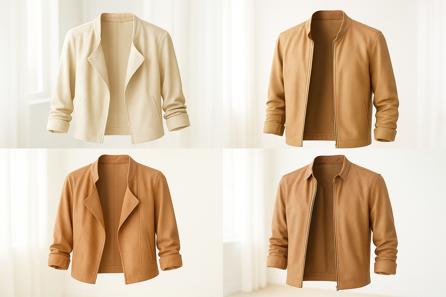 Woman in lightweight leather jacket layered over a summer dress. Close-up of thin, breathable leather jacket texture.