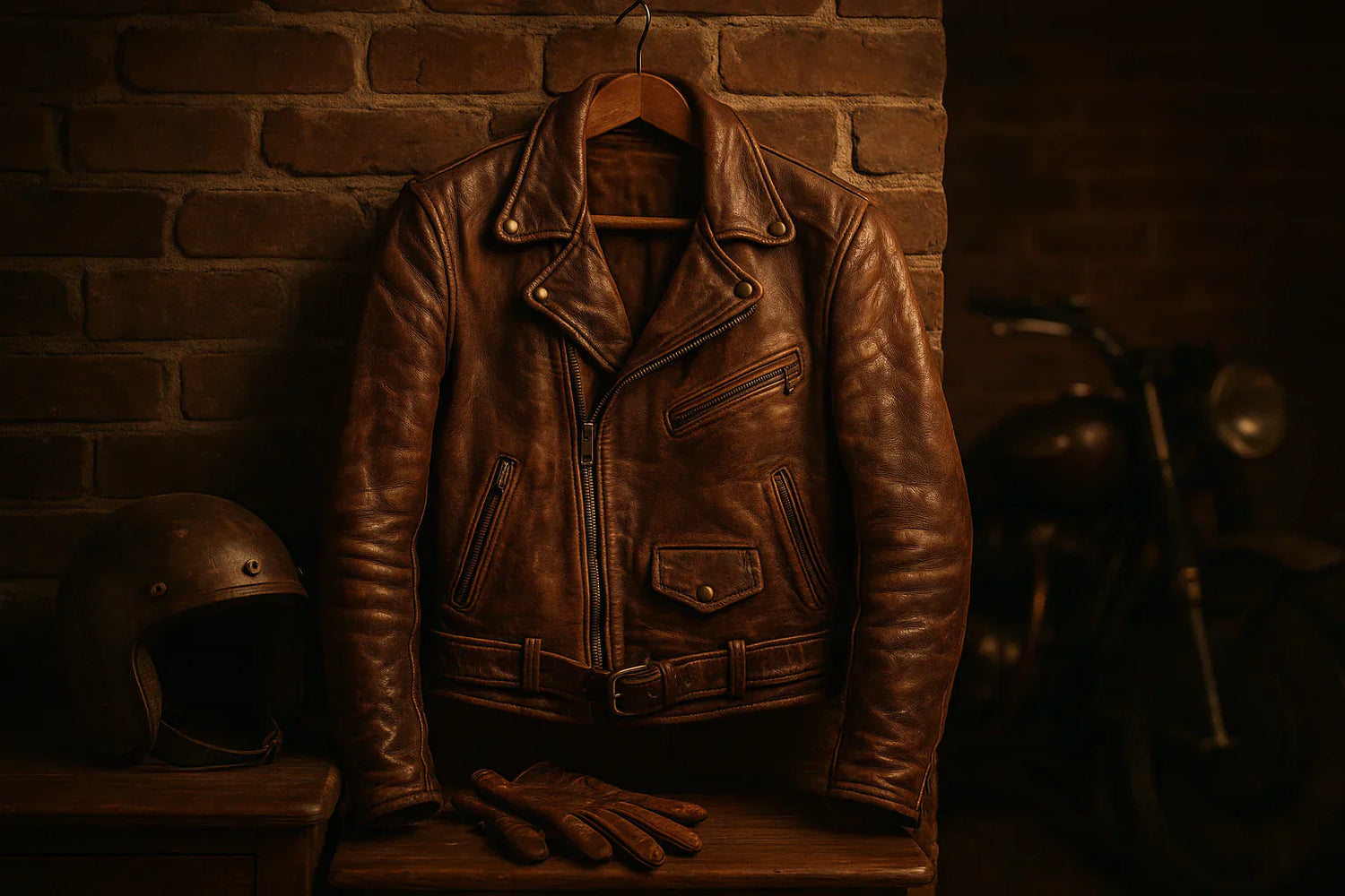 Vintage brown leather jacket with a worn patina, styled on a mannequin for a classic retro look.