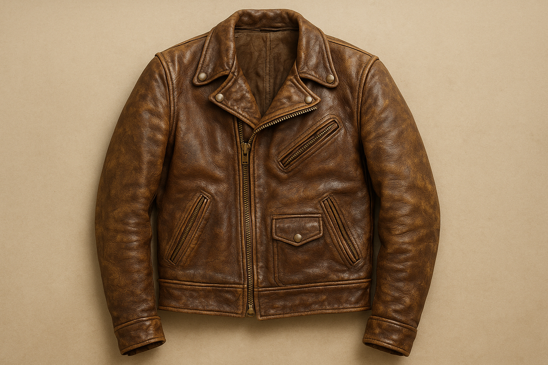 Vintage-style brown leather jacket with faded texture, creases, and worn edges styled for a retro look.”