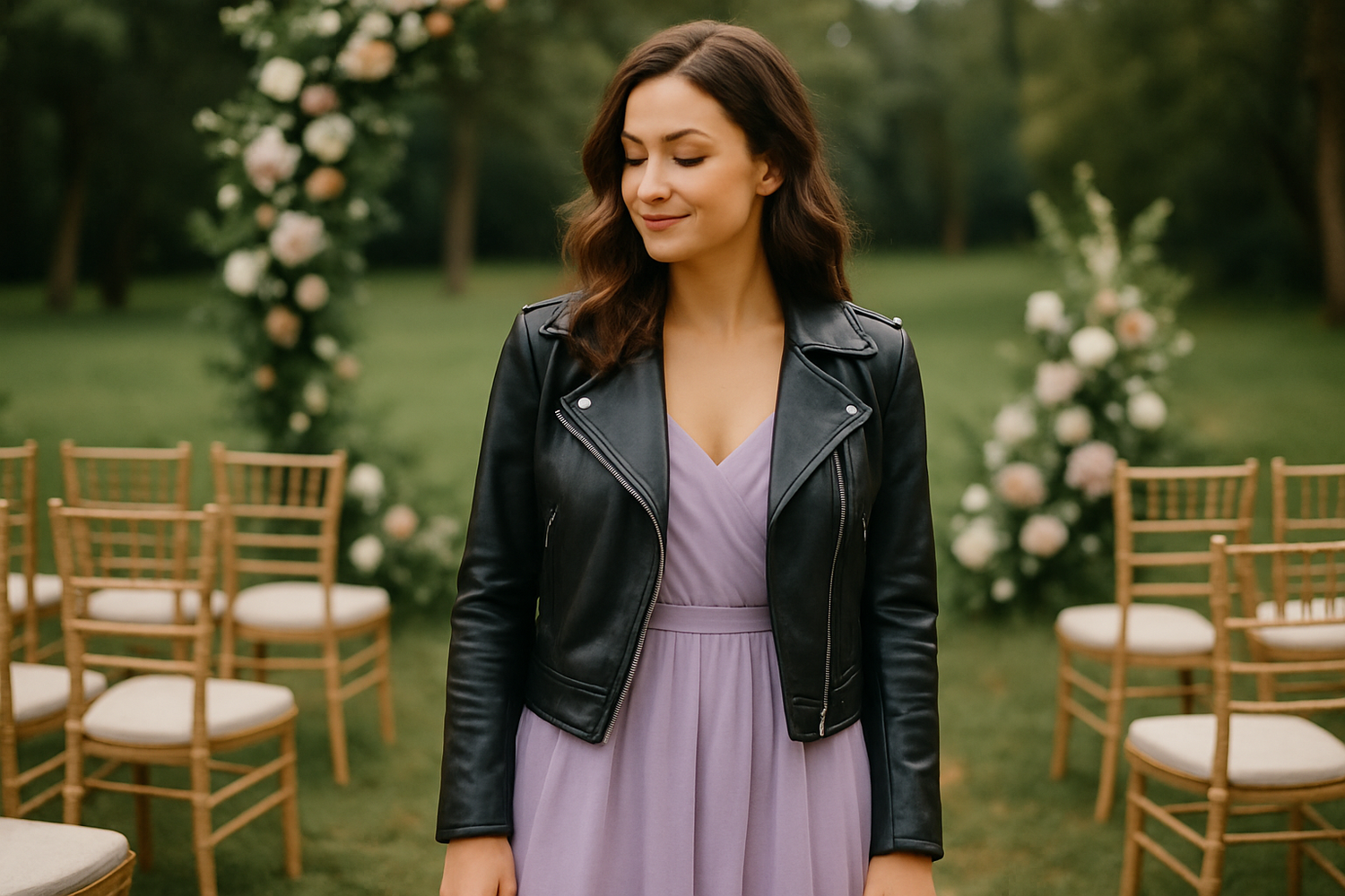 Wedding guest wearing a leather jacket over a pastel dress at an outdoor ceremony