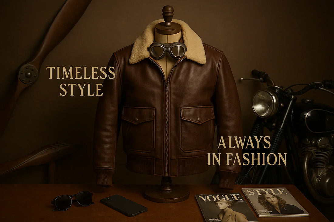 Classic aviator leather jacket with shearling collar styled casually with jeans and boots.