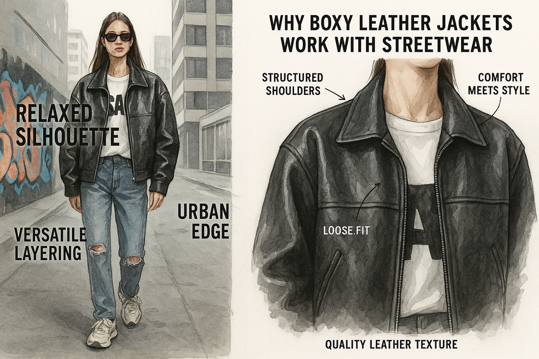Streetwear outfit featuring a boxy black leather jacket and cargo pants .