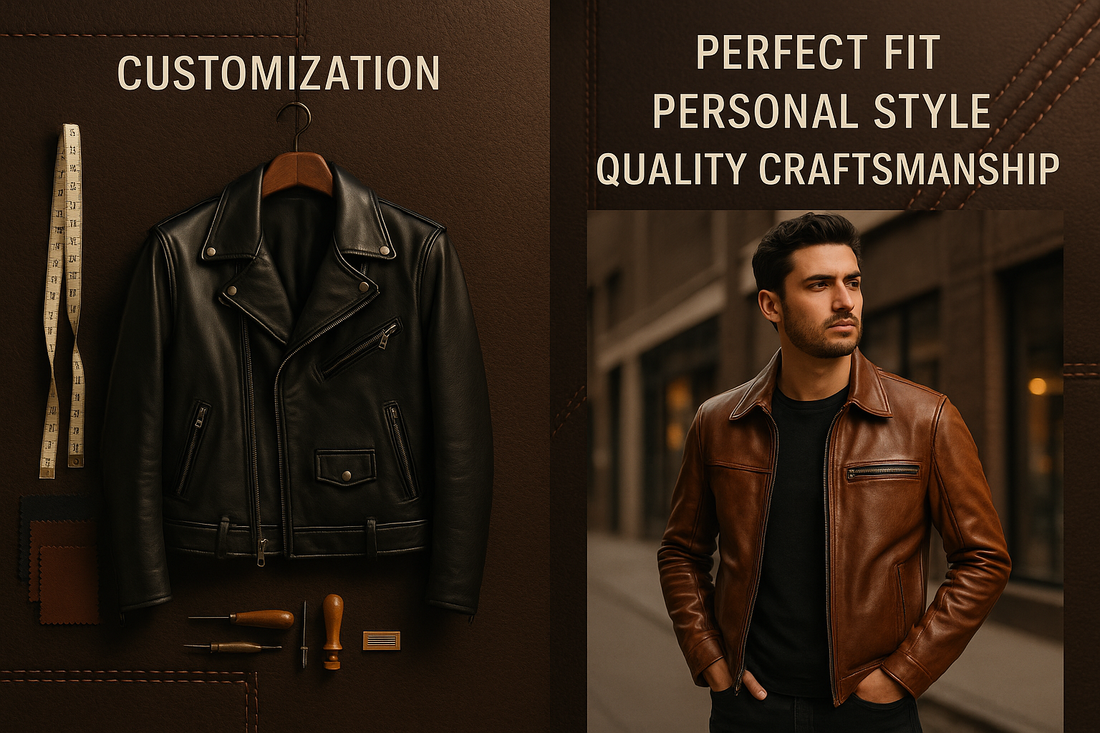 Person wearing a custom-fitted leather jacket with unique stitching and personalized design details.