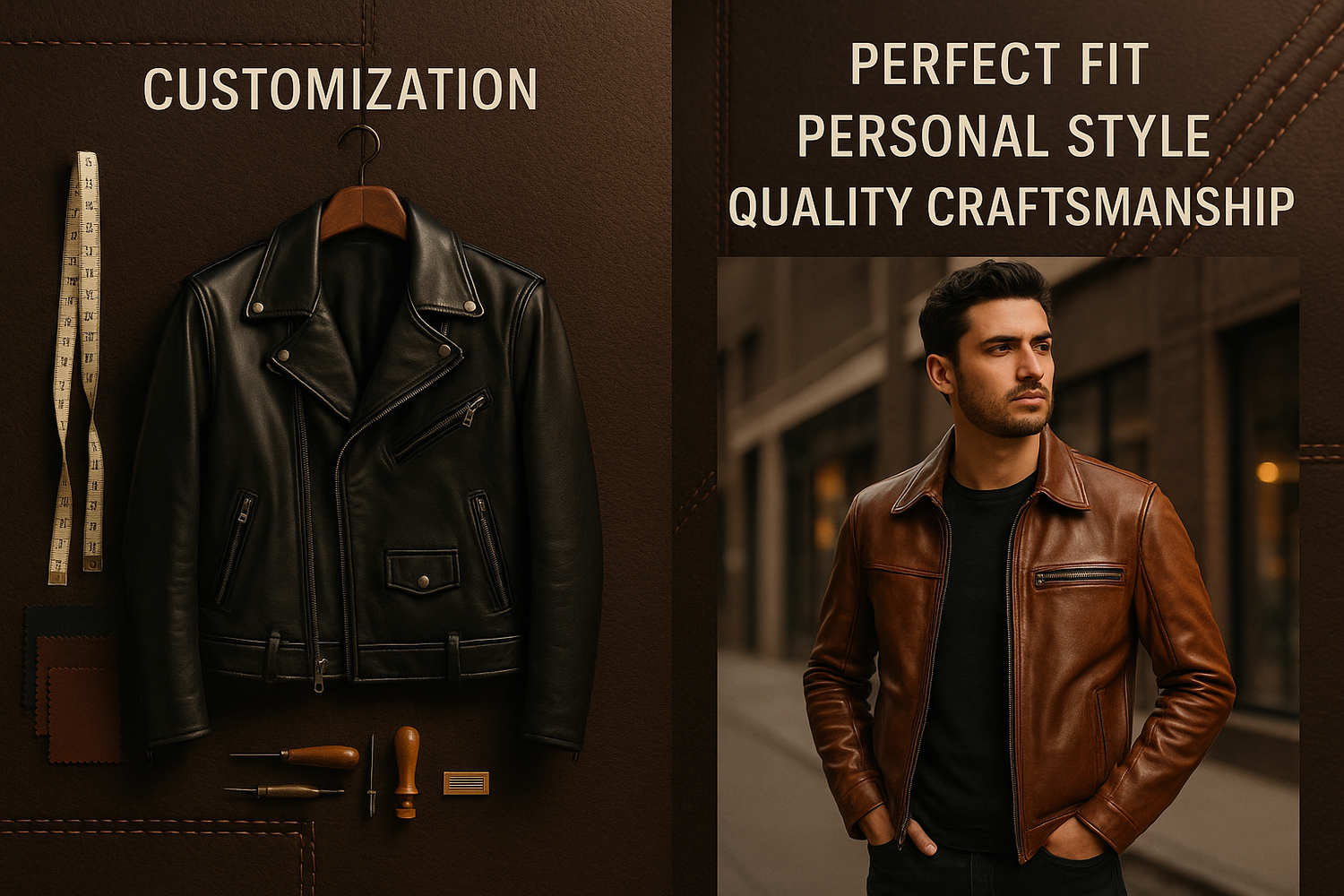 Person wearing a custom-fitted leather jacket with unique stitching and personalized design details.