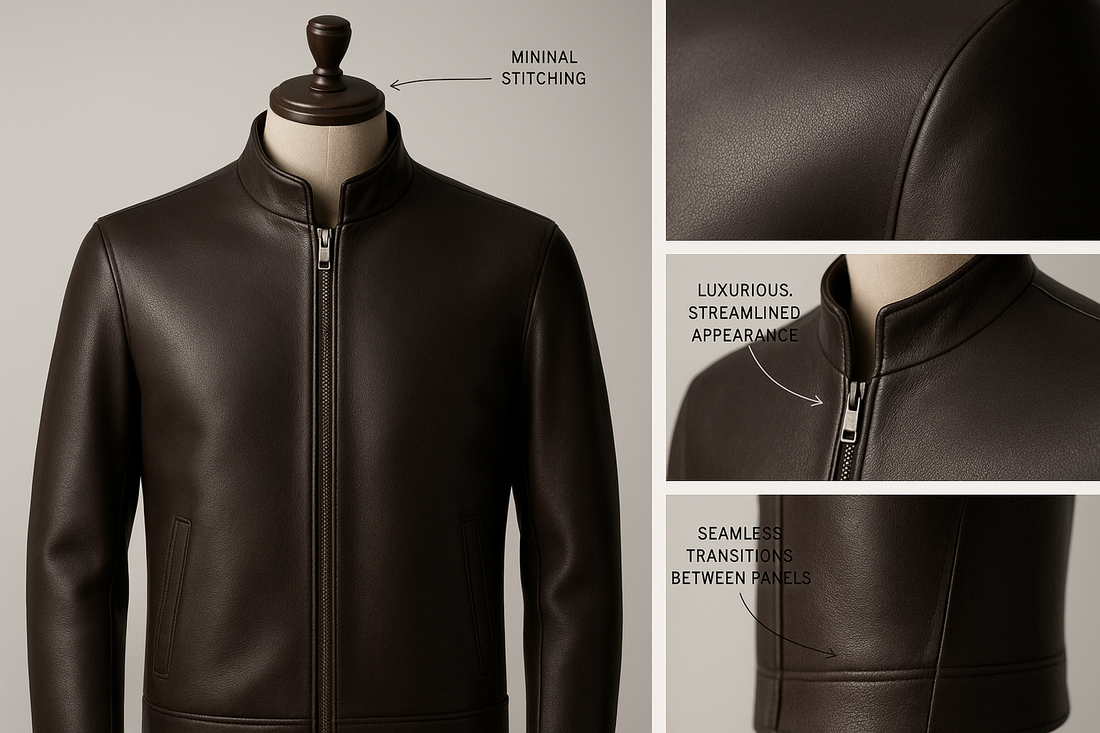 Luxury black leather jacket with minimal stitching showcasing sleek craftsmanship.