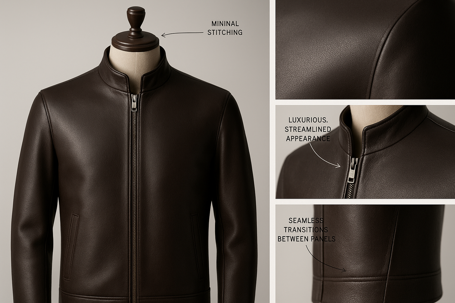 Luxury black leather jacket with minimal stitching showcasing sleek craftsmanship.