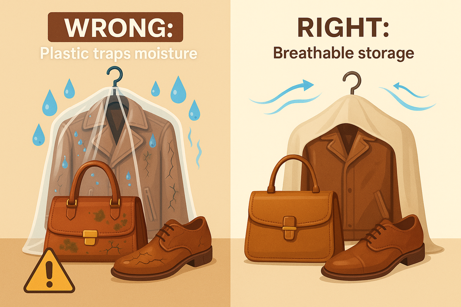 Leather jacket stored in a breathable cotton garment bag instead of a plastic cover.