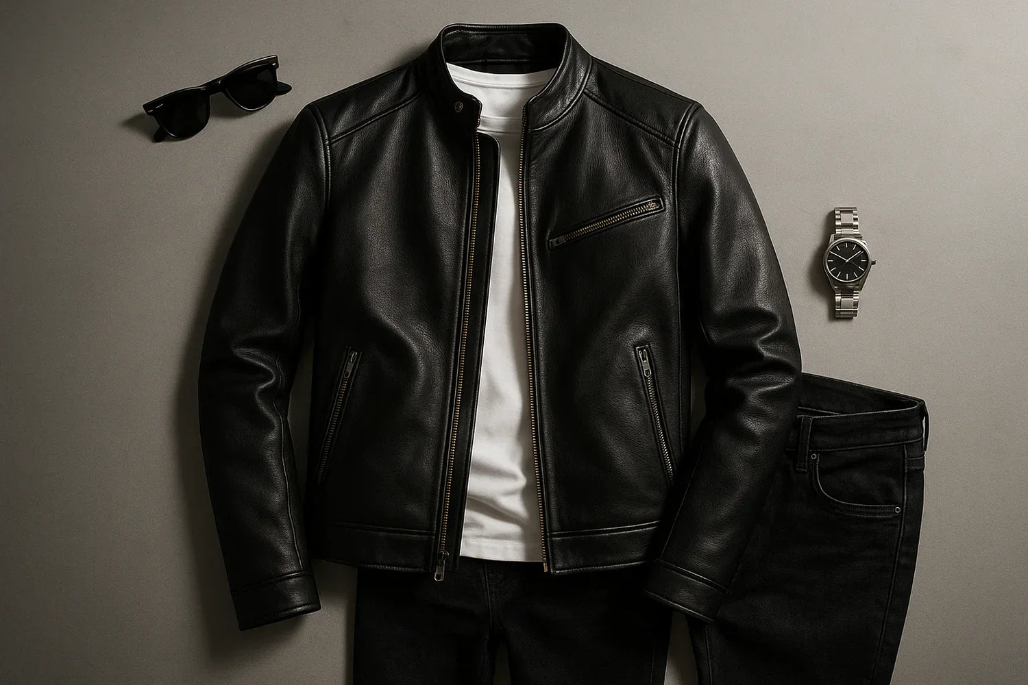 A black leather racer jacket styled with slim jeans for a sleek, modern fashion look.