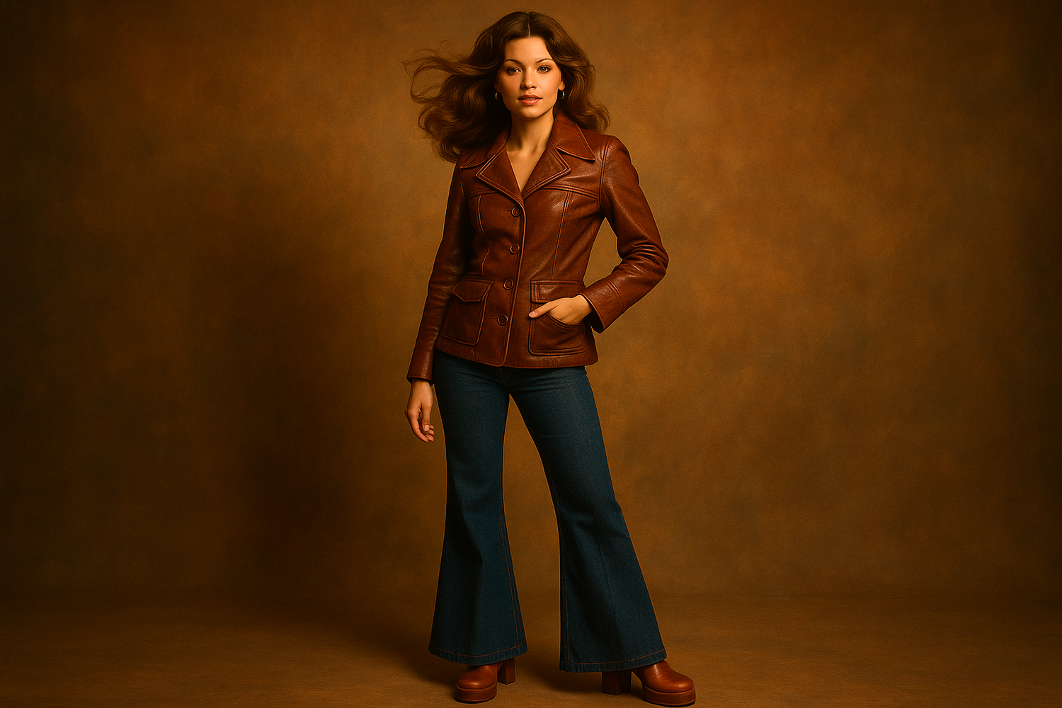 Woman in 70s-inspired fashion wearing a brown leather jacket with flared jeans and platform shoes