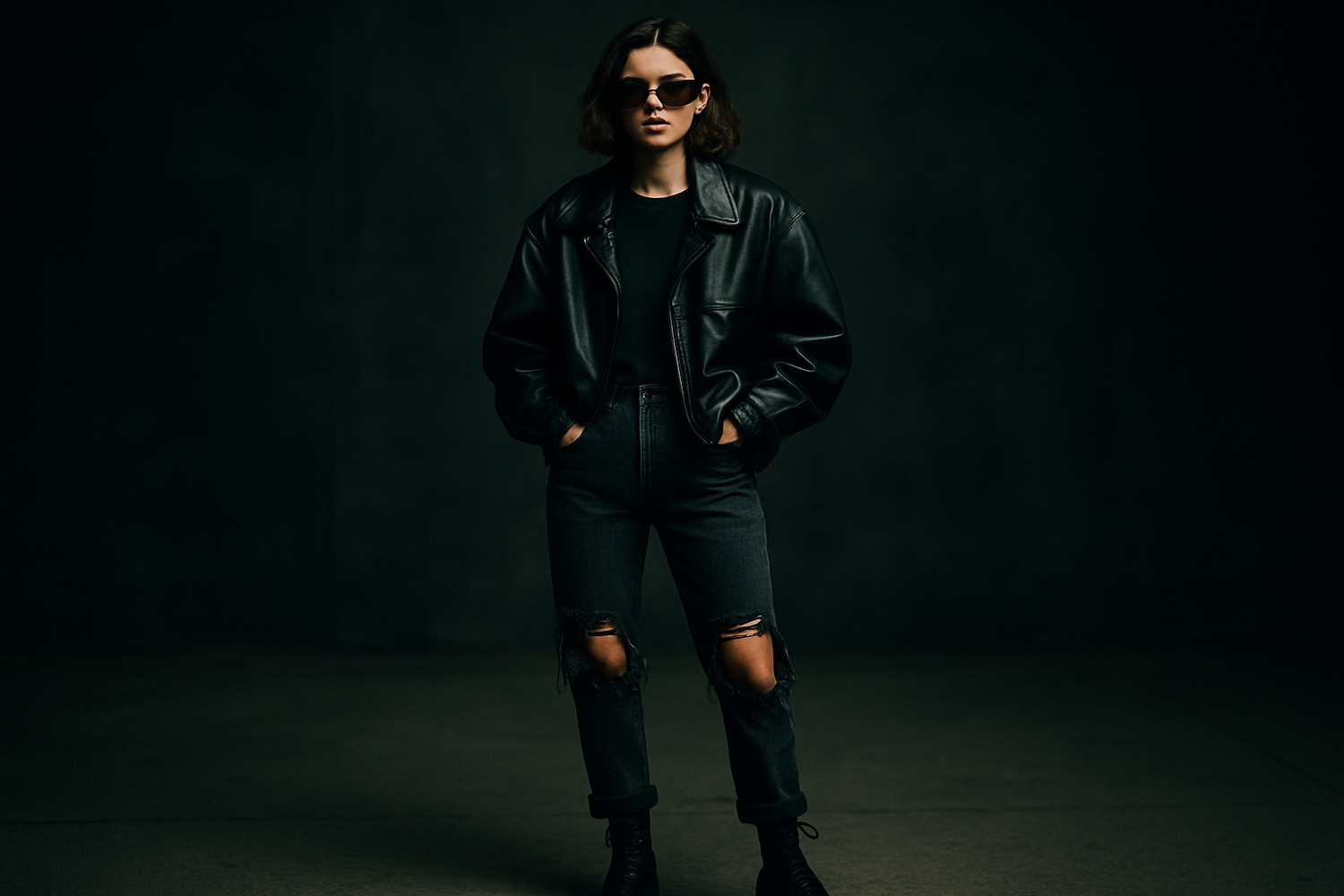 Woman in a 90s-inspired oversized black leather jacket styled with ripped jeans and boots