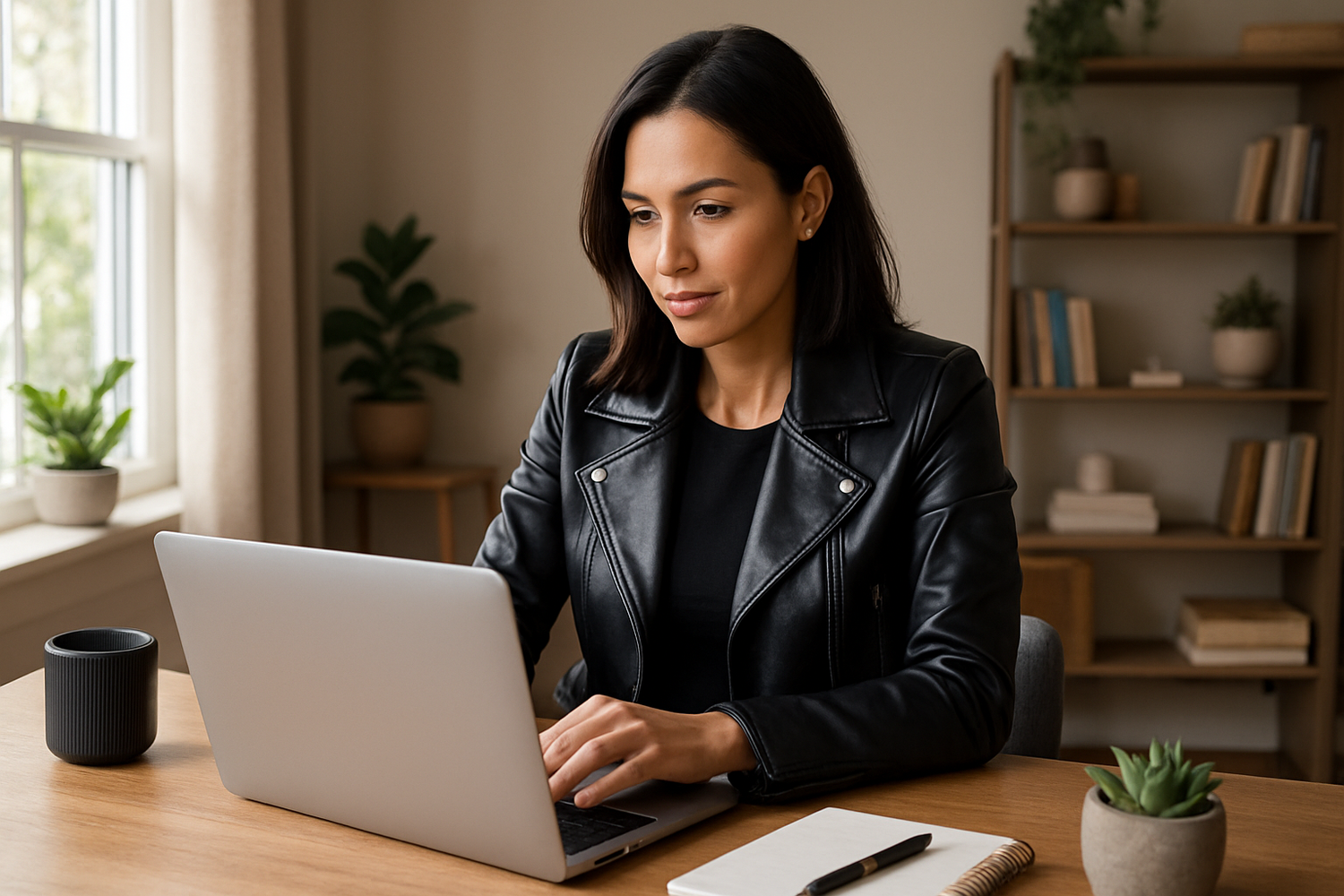 Woman in a leather jacket working from home on a laptop