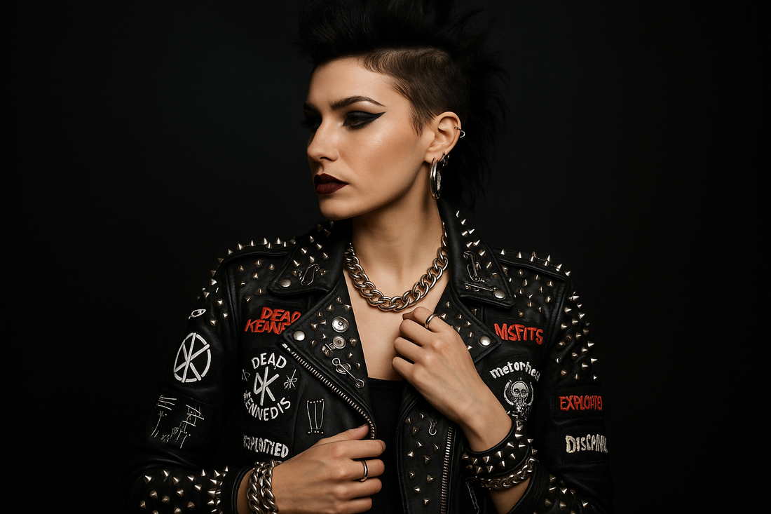 Woman in a studded leather punk jacket with band patches and bold accessories