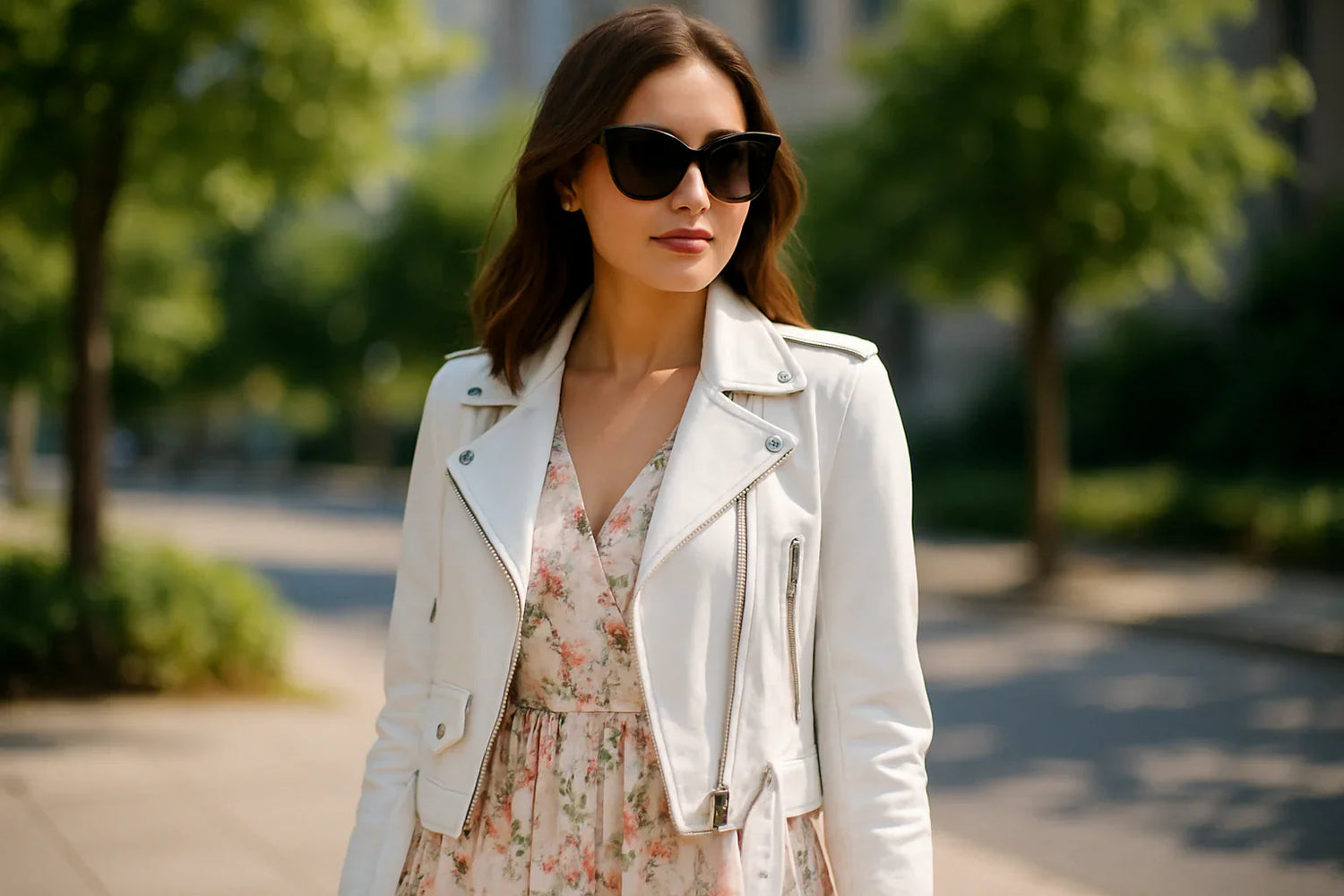 Woman in a white leather jacket styled over a floral summer dress with sunglasses outdoors.