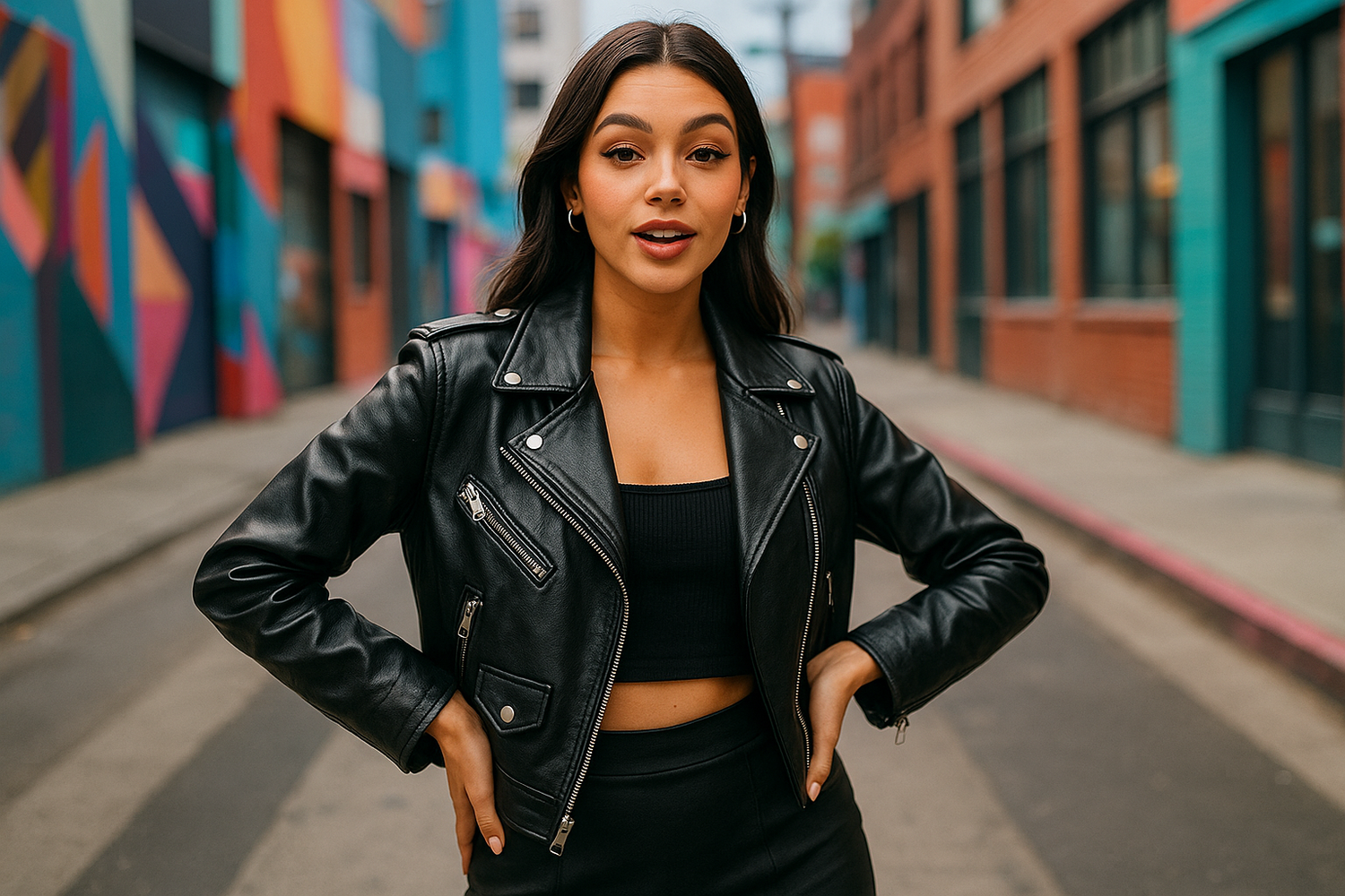 Woman styling a leather jacket in a TikTok-inspired fashion look