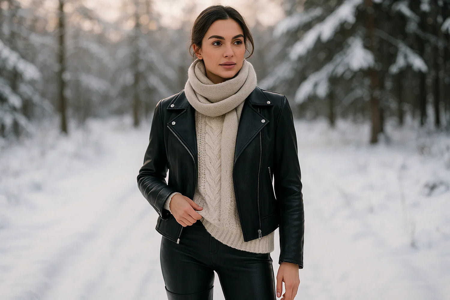 Woman wearing a black leather jacket layered over a chunky knit sweater with a scarf and boots in a snowy outdoor setting