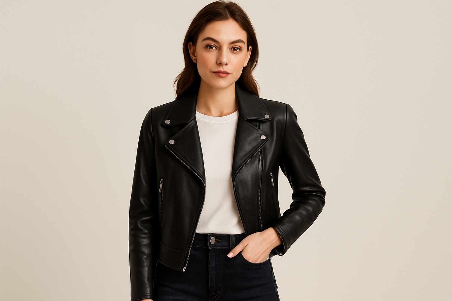 Woman wearing a classic leather jacket styled as a capsule wardrobe piece