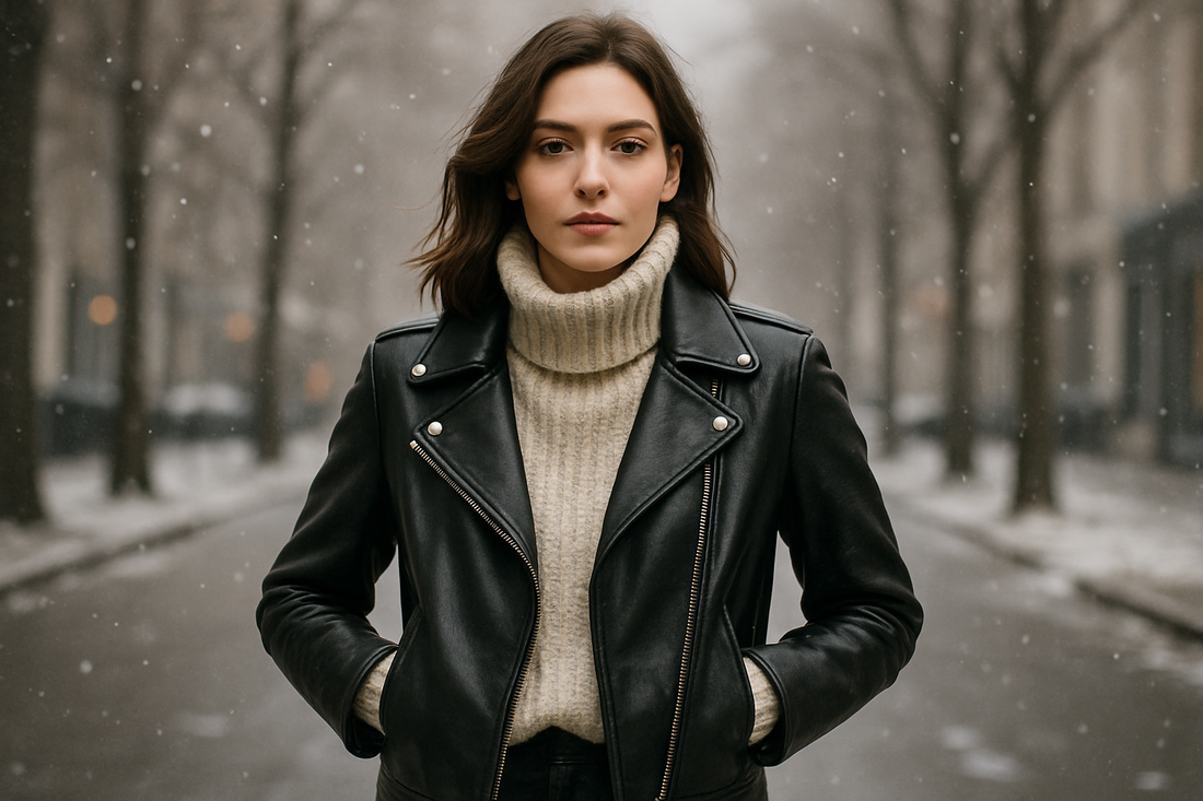Woman wearing a leather jacket layered with a chunky knit sweater in winter