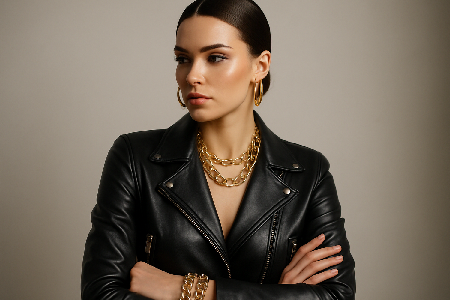 Woman wearing a leather jacket styled with statement jewelry
