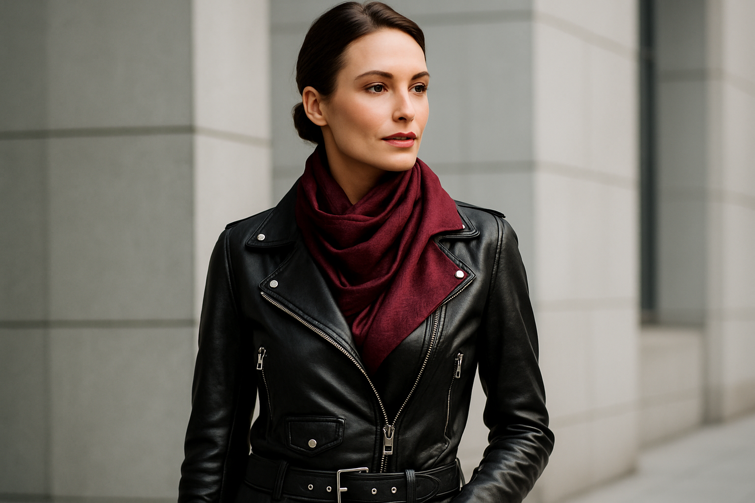 Woman wearing a leather jacket with a scarf
