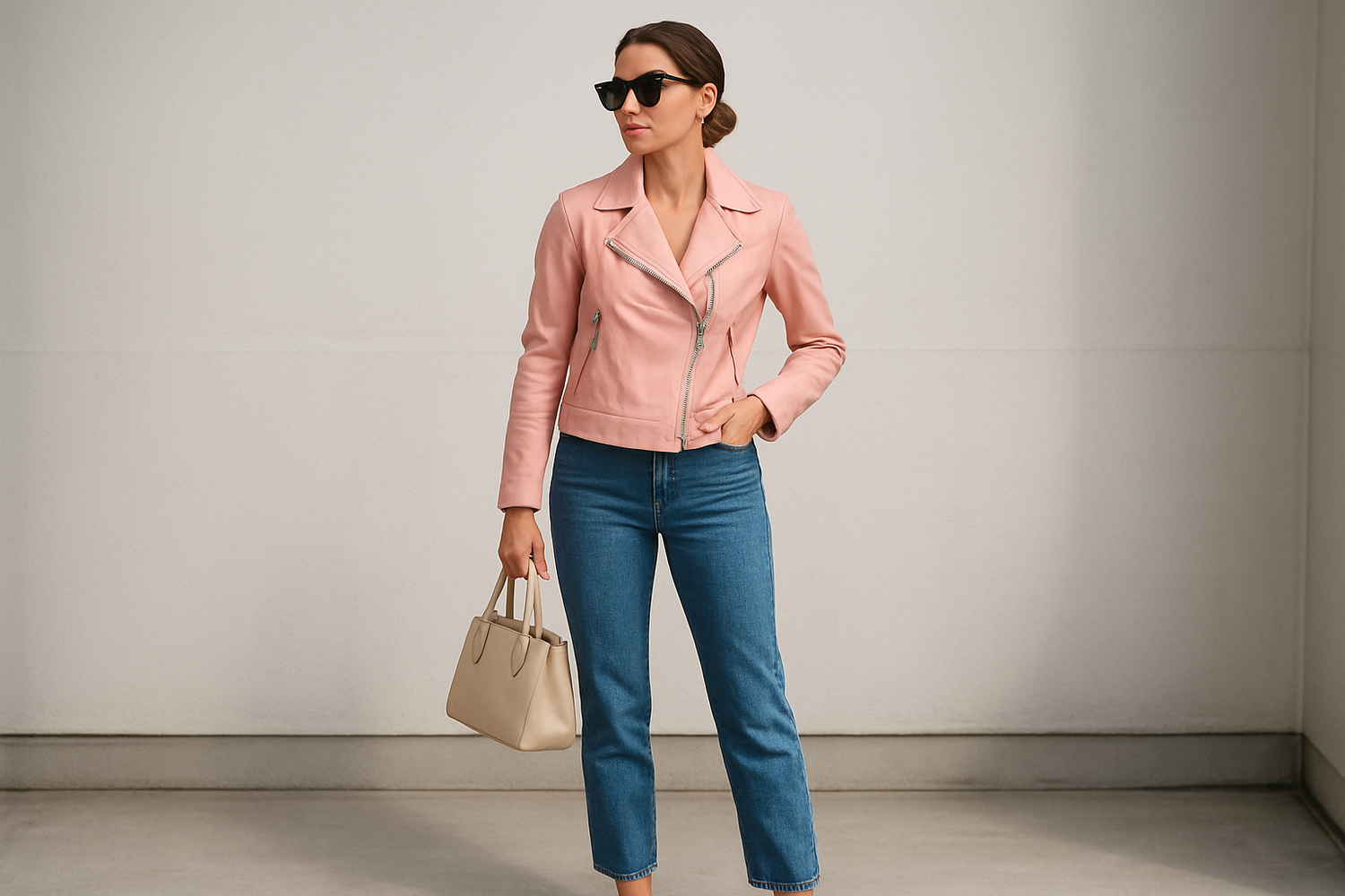 Woman wearing a pastel pink leather jacket styled with jeans and neutral accessories