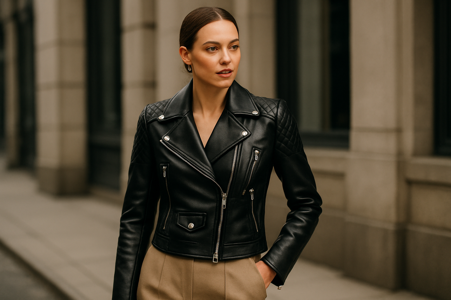 Woman wearing a timeless black luxury leather moto jacket paired with tailored trousers
