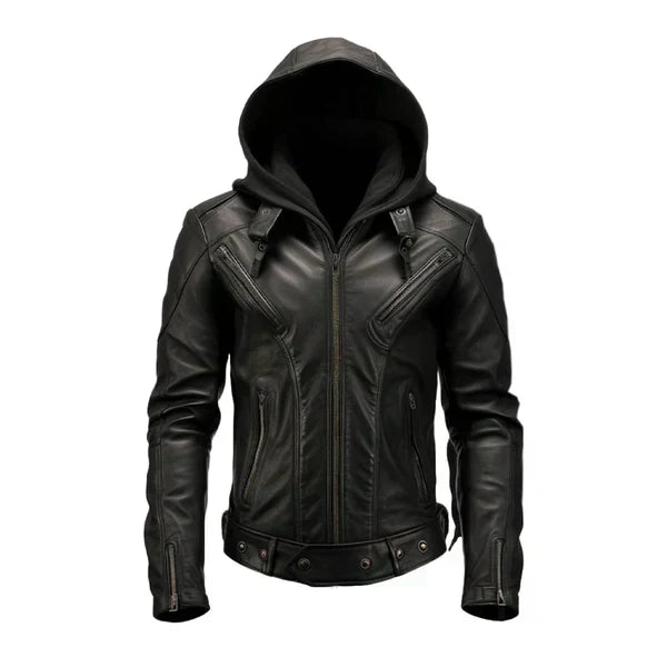 Men's Hooded Black Biker Leather Jacket-Men's Biker Jackets-Premium Leather Street