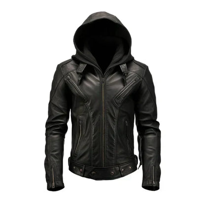 Men's Hooded Black Biker Leather Jacket-Men's Biker Jackets-Premium Leather Street