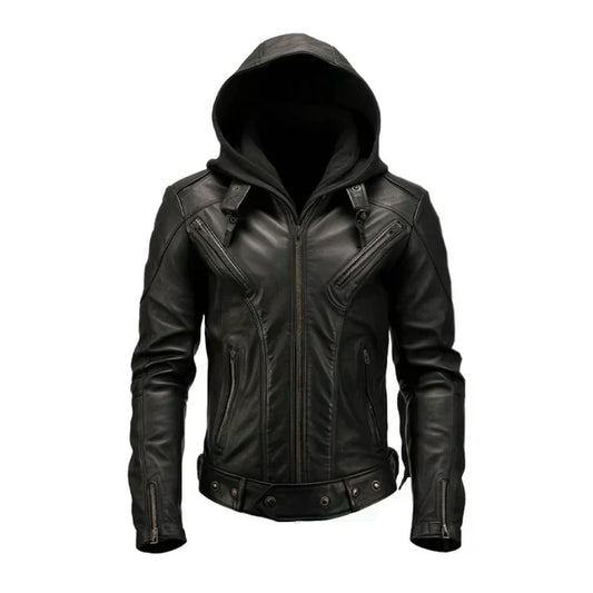Men's Hooded Black Biker Leather Jacket-Men's Biker Jackets-Premium Leather Street