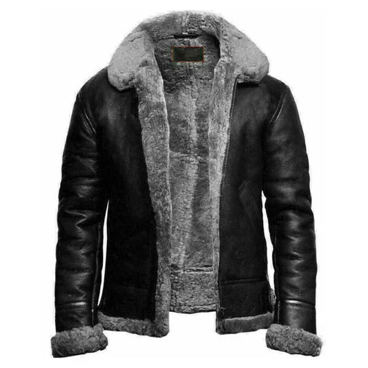 Men's Black Faux Shearling Lining Leather Jacket-Men Shearling Jacket-Premium Leather Street