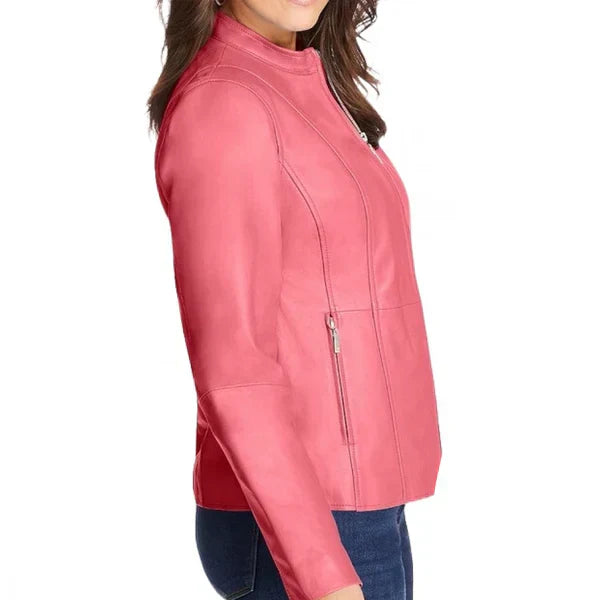 Women's Pink Zip Front Leather Jacket-Women Leather Jacket-Premium Leather Street