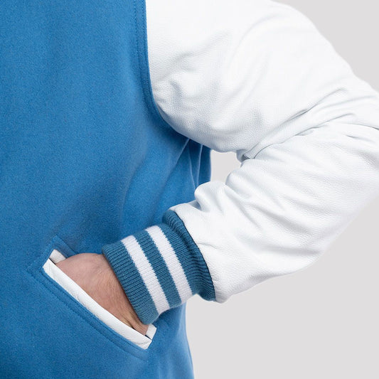 Newark Blue Wool Body & Bright White Leather Sleeves Varsity Jacket