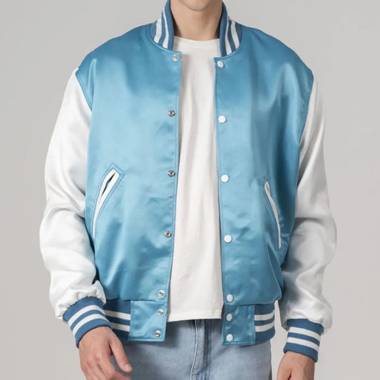 Men's Newark Blue Satin And White Sleeves Varsity Jacket