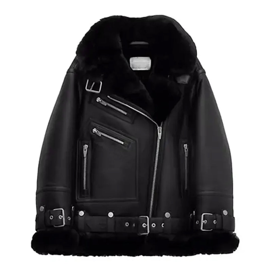 Women's Notch Faux Shearling Moto Leather Jacket-Women Shearling Jacket-Premium Leather Street