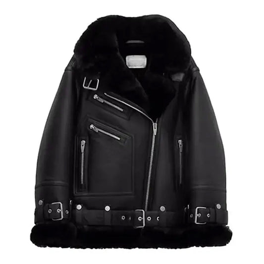Women's Notch Faux Shearling Moto Leather Jacket-Women Shearling Jacket-Premium Leather Street