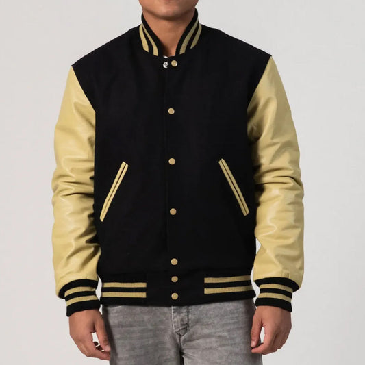 Black Melton Wool Body & Vegas Gold Leather Sleeves Varsity Jacket