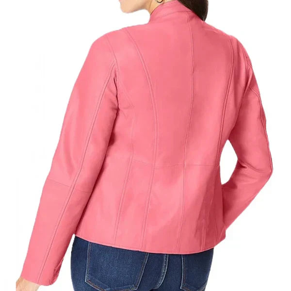 Women's Pink Zip Front Leather Jacket-Women Leather Jacket-Premium Leather Street